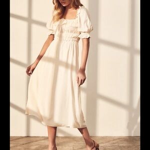 Lulus Nahanni Cream Puff Sleeve Smocked Midi Dress